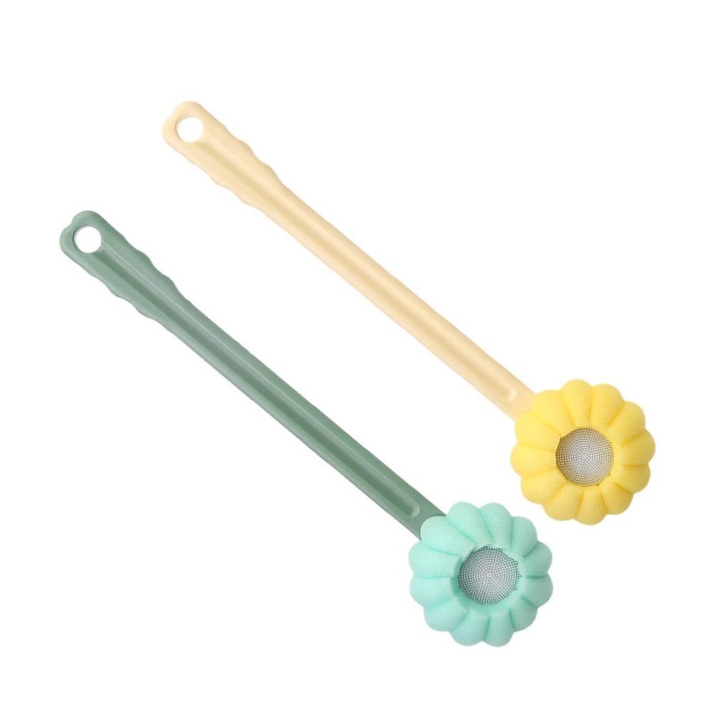 BCOATH 2pcs Long Handle Body Scrubber Shower Brush for Back Cleaning and Massaging Soft Silicone Bristle Bath Brush in Yellow and Green for Gentle Full Body Use