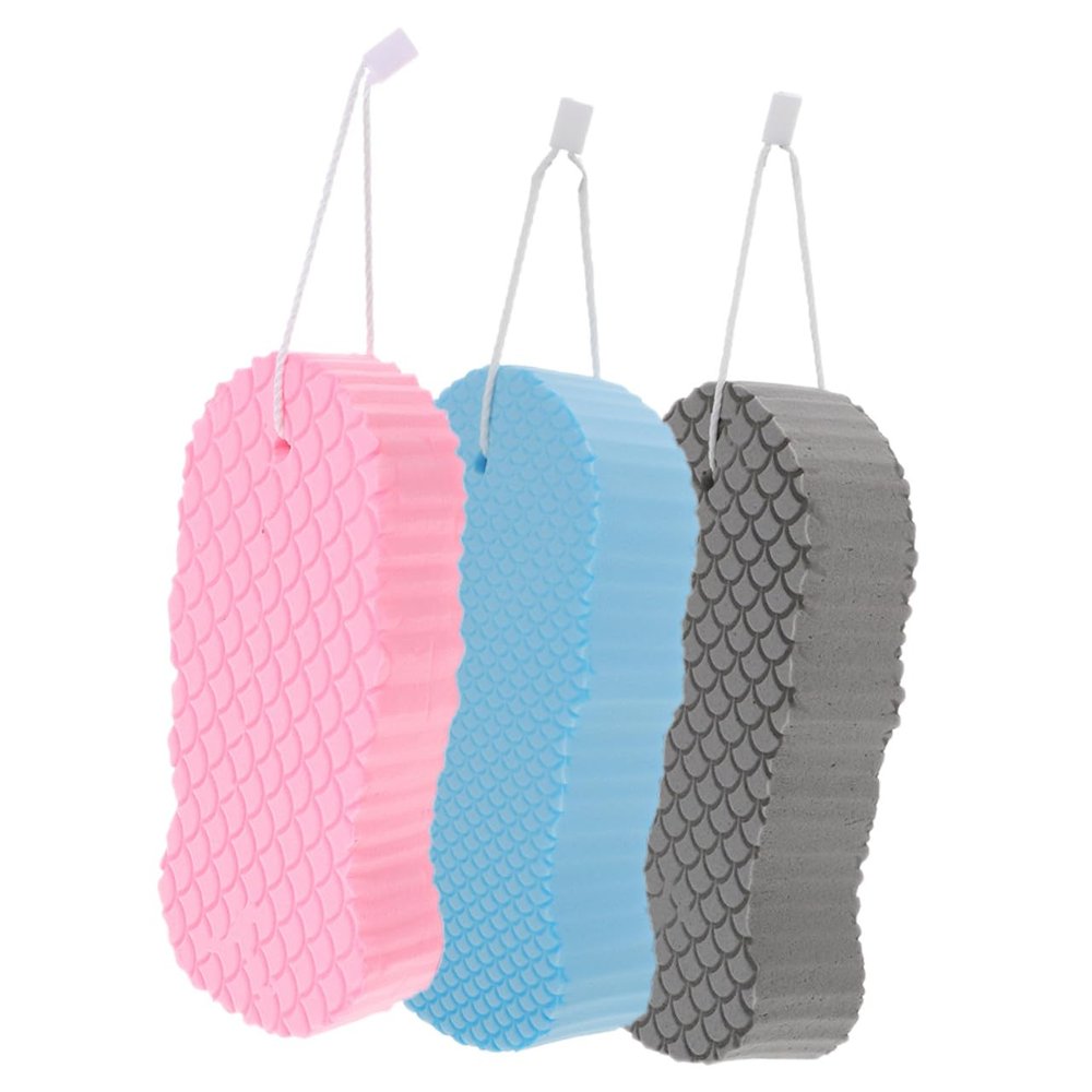 ETHZZLE 3pcs Shower Scrubbing Sponges Lightweight Bathing Sponges for Adults Supple Body Washing Tools in Gray Blue Pink for Gentle Skin Cleaning and Travel Use