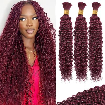 100g 3 Bundles/Pack Human Braiding Hair for Boho Braids Curly Boho Hair for Braiding Knotless 12A Deep Wave Bulk Bohemian Color 99J 22 Inch Burgundy
