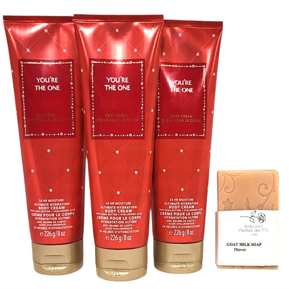 Bath and Body You're The One Ultimate Hydration Body Cream Full Size 3 Pack with Rosebud Ranch Goat Milk Soap Sample