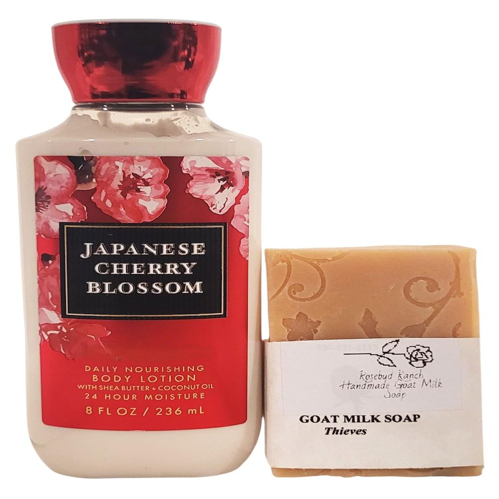 Bath and Body Japanese Cherry Blossom Gift Set - Body Lotion - Rosebud Ranch Goat Milk Soap Sample