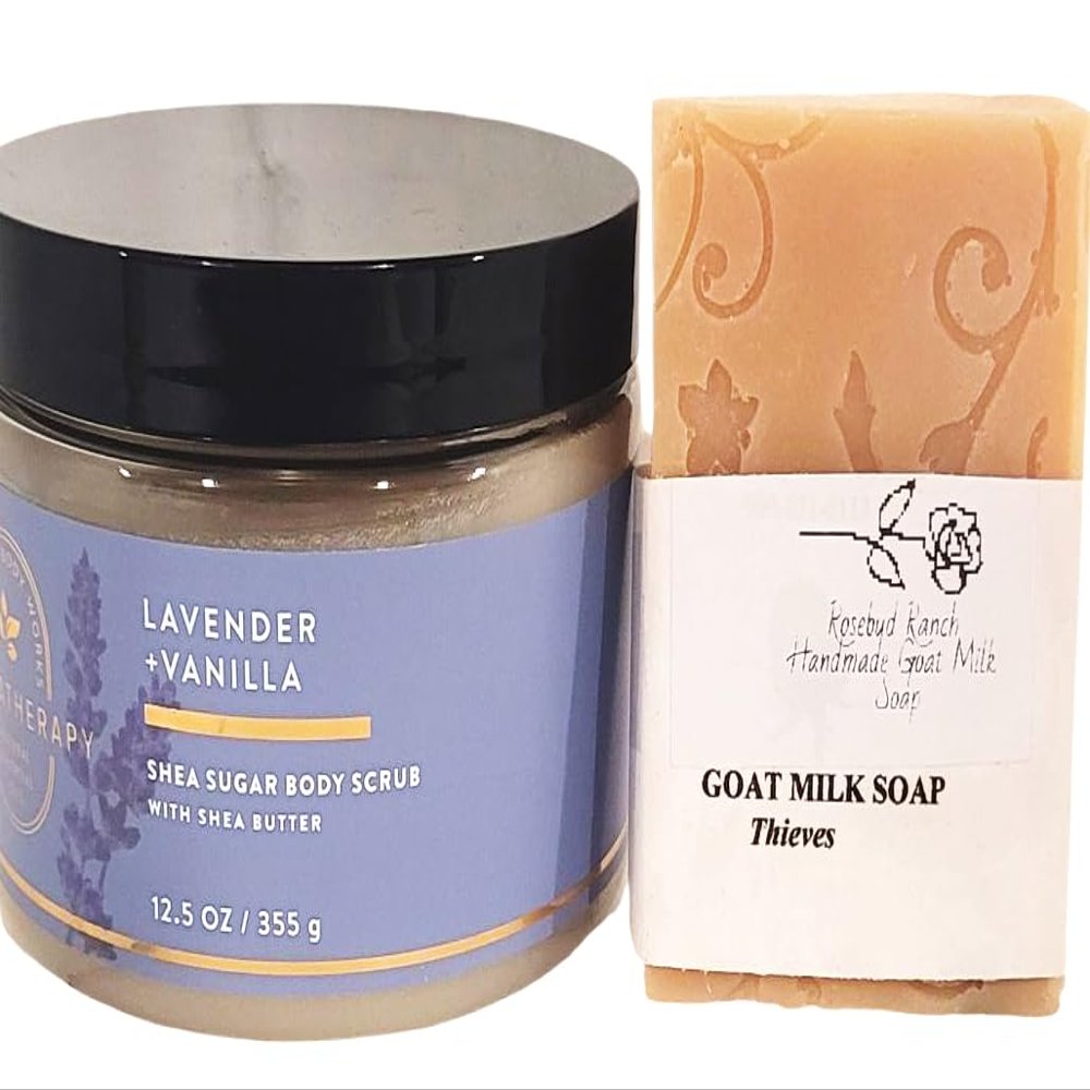 Bath and Body Lavender Vanilla Body Scrub Gift Set with Rosebud Ranch Goat Milk Soap Sample
