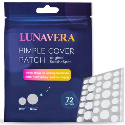LUNAVERA Hydrocolloid Spot Cover Patches 72 Count Thin and Clear Face Stickers in 8mm & 12mm Sizes for Discreet Coverage and Daily Wear