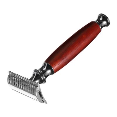 LALADEFIEE Manual Beard Shaver with Rosewood Handle Retro Safety Razor for Men Comfortable Grip Interchangeable Blades Versatile Facial and Body Grooming Tool Easy Replacement Metal Design