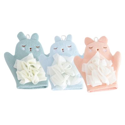 COOLHIYA 3pcs Dual-sided Deep Exfoliating Shower Mitt with Cute Bunny Design Bath Gloves for Skin Cleansing and Pore Unclogging Softening Rough Skin Suitable for Soap and Body Wash Use