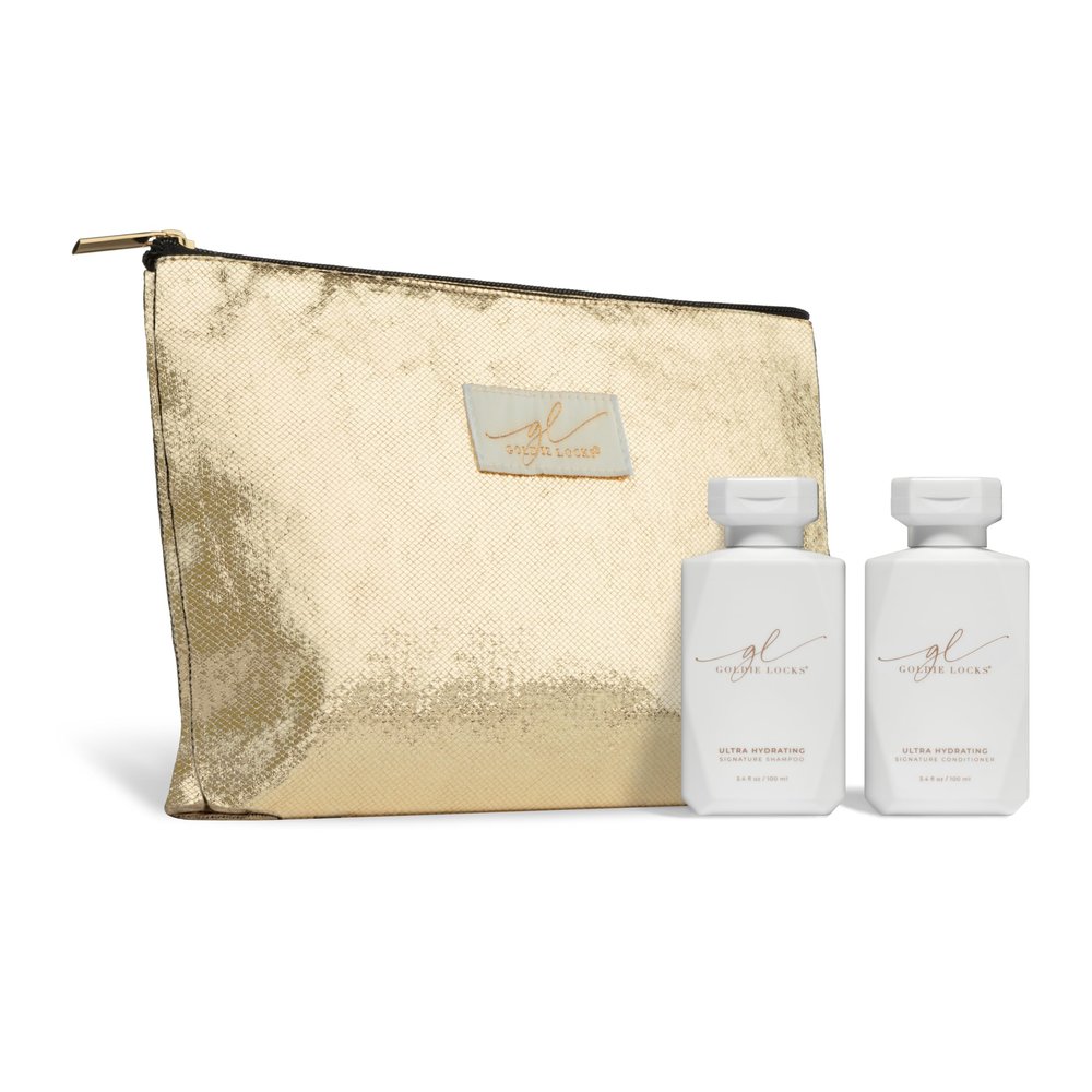 Goldie Locks Shampoo and Conditioner Travel Set - TSA-Approved Hydrating Hair Care Duo with Biotin, Marula Oil & Rose Water  Protein, Sulfate & Paraben-Free in Limited Edition Gold Bag - 3.4 oz each