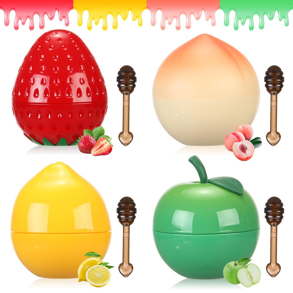 4 PCS Bee Lip Balm Lip Mask Fruit Pot, Strawberry & Apple & Lemon & Peach Moisturizing Lip Sleeping Mask Overnight Lip Treatment for Women, Color Lip Balm for Reduce Fine Lines,Repair Dry Cracked Lips