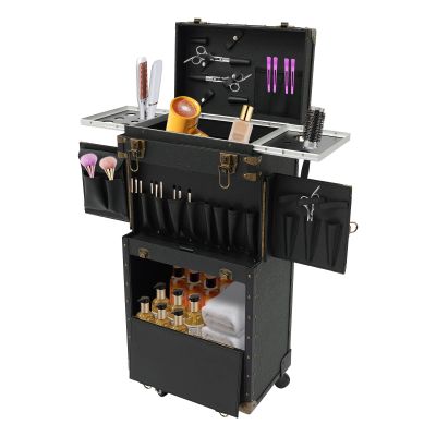 Bulelula Hairdressing Travel Case with Wheels, Rolling Lockable Makeup Train Case, Hair Stylist Travel Case with Hairdryer Holder, Salon Cosmetic Luggage Travel Organizer