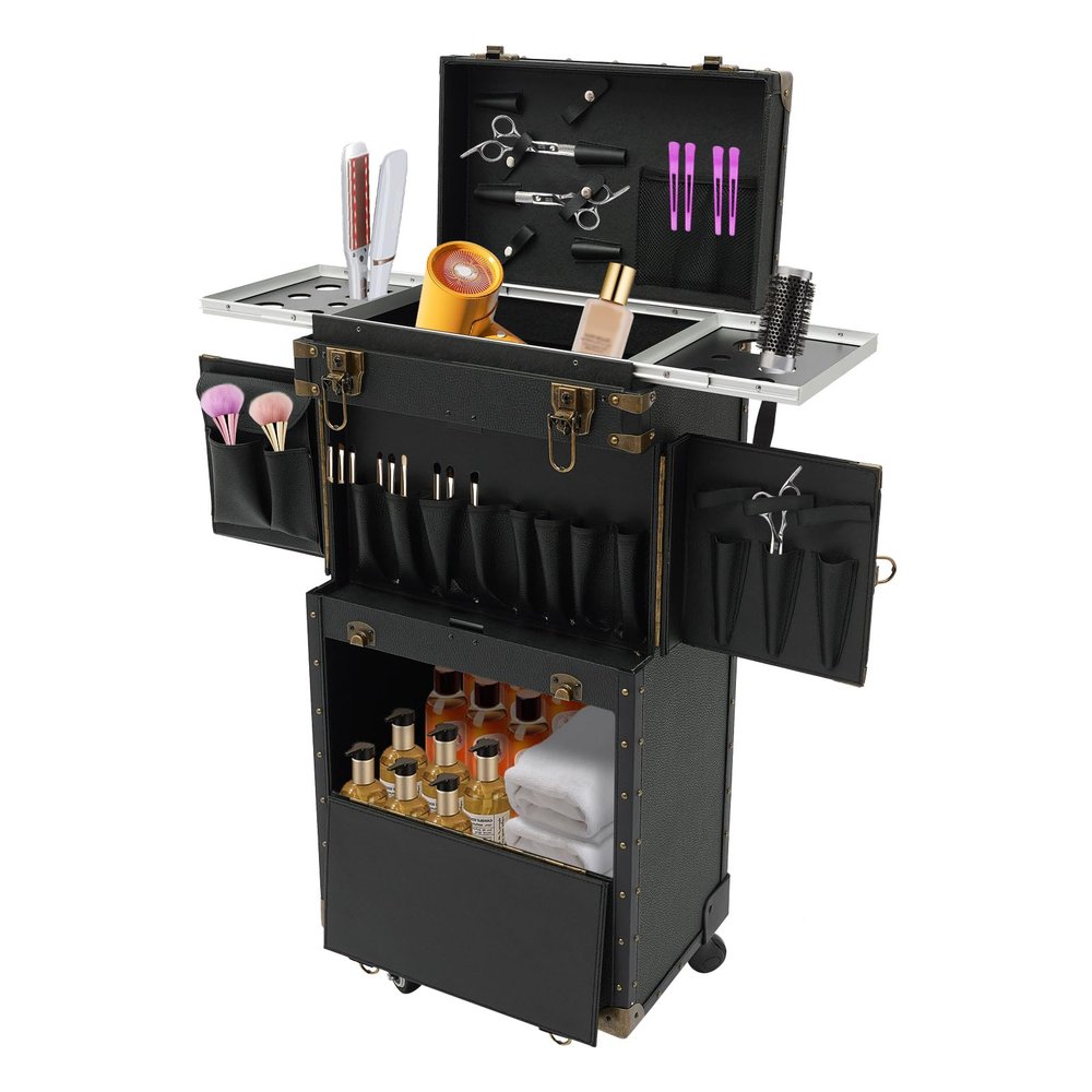 Bulelula Hairdressing Travel Case with Wheels, Rolling Lockable Makeup Train Case, Hair Stylist Travel Case with Hairdryer Holder, Salon Cosmetic Luggage Travel Organizer