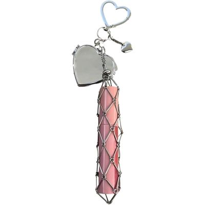 2-in-1 Lipstick Holder Keychain with Mirror - Stainless Steel Lip Gloss & Balm Case, Bling Crystal Purse Organizer for Women, Portable Cosmetic Storage Bag (A)