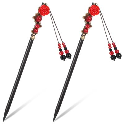 2Pcs Chinese Hair Sticks, Rose Hair Sticks for Women, Traditional Chinese Hairpin with Floral Design for Women's Updos and Special Occasions(Classic Style)