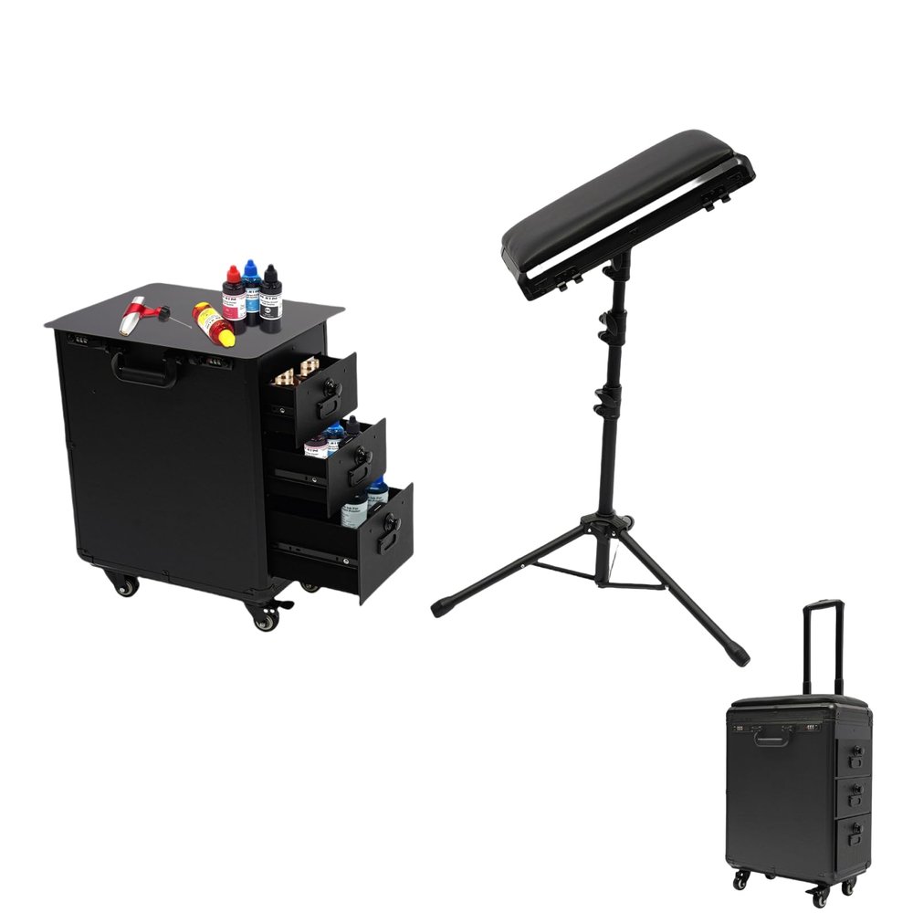Titunjian Tattoo Travel Case on Wheels 3 Drawers Portable Tattoo Station with Adjustable Tattoo Armrest Tattoo Work Station Tattoo Trolley Case for Tattoo Artist (Metal Panel)