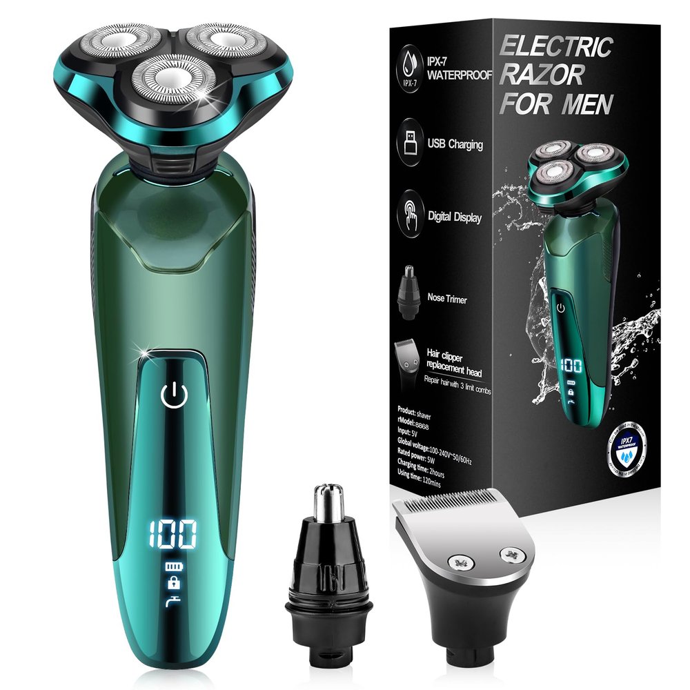 Electric Razor for Men, Electric Shavers for Men's Faces, Detachable Blade 3D Rotary for Shaving with Nose Trimmer Face Cleaning Brush Head Shavers, Wet/Dry/Waterproof Razors for Men Matte Green