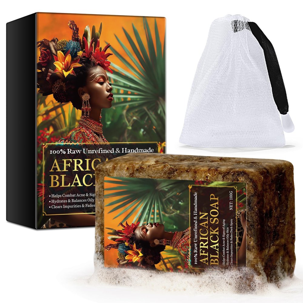 Raw African Black Soap Bar Handmade Natural Face & Body Cleanser with Shea Butter, Palm & Cocoa Pod Deep Cleansing, Hydrating & Brightening Soap for Dark Spots & Even Skin Tone 100 g