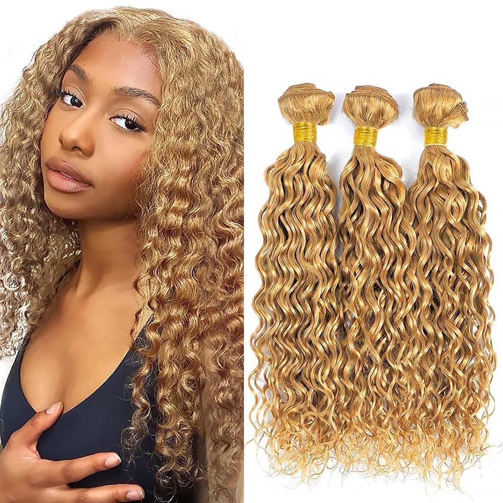 Color #27 Human Hair Bundles Water Wave 18 20 22 Inch Honey Blonde Bundles Water Wave Human Hair Extensions Blonde Unprocessed Brazilian Virgin 50G Per Bundle 150g