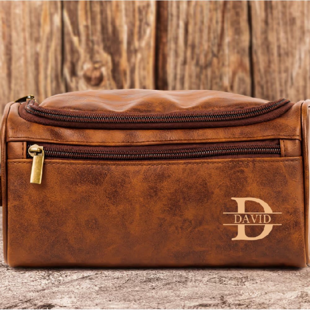 Vintage Monogram - Personalized Leather Toiletry Bag, Custom Brown Leather Toiletry Bag for Men, Vintage Mens Travel Toiletry Bags, Monogrammed Toiletry Travel Bag, Travel Gifts for Men Dad Husband