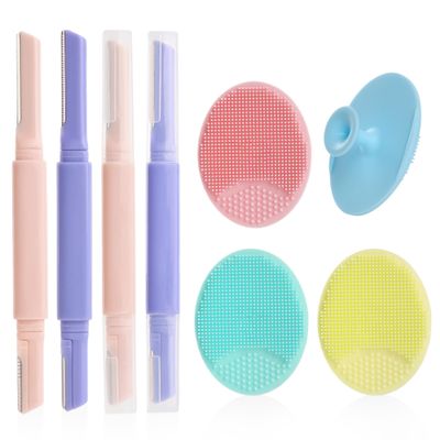 8 Pcs Skin Care Silicone Face Scrubber with Razor for Women Face, Face Exfoliator Scrubber with Face Razors for Women Dermaplaning, Blackhead & Acne Pore Care, Reusable