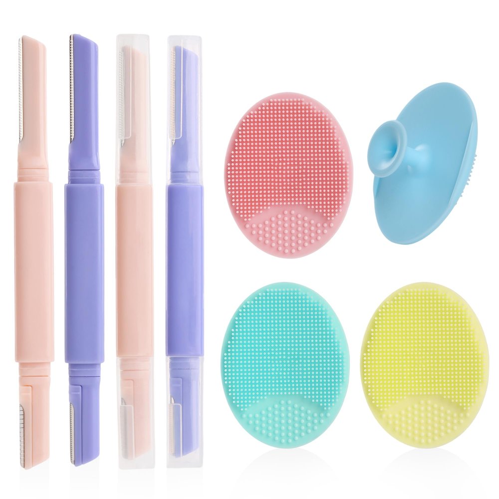 8 Pcs Skin Care Silicone Face Scrubber with Razor for Women Face, Face Exfoliator Scrubber with Face Razors for Women Dermaplaning, Blackhead & Acne Pore Care, Reusable