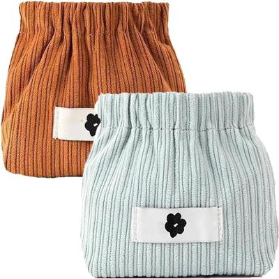 Cautiousm Corduroy Elastic Hair Tie Organizer, Portable Mini Cosmetic Makeup Lipstick Storage Bag, Multipurpose Jewelry Coin Purse for Daily Home Travel use(Brown+Blue)