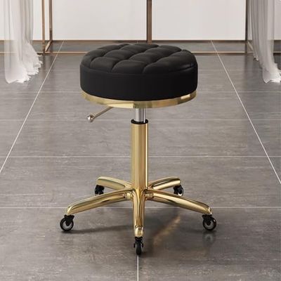 Adjustable PU Leather Rolling Swivel Chair with 5 Wheels, Stylish Bar Stool for Beauty Salon & Counter Work (Beige & Gold) - Perfect for Comfort & Mobility