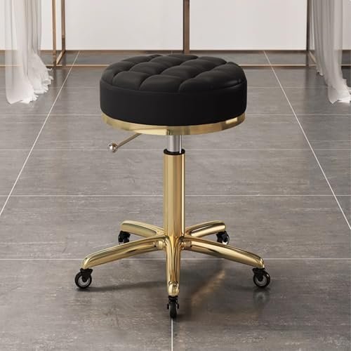 Adjustable PU Leather Rolling Swivel Chair with 5 Wheels, Stylish Bar Stool for Beauty Salon & Counter Work (Beige & Gold) - Perfect for Comfort & Mobility