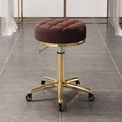 Adjustable Swivel Rolling Chair with 5 Wheels, PU Leather Bar Stool for Beauty Salon & Counter, Ergonomic Design, Beige & Gold Finish, Perfect for Salon & Home Use