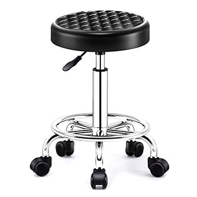 Adjustable Swivel Salon Stool with Footrest, Rolling PU Leather Seat, Comfortable 2-Layer Sponge, Height-Adjustable, Silent Wheels, Black/Brown Professional Barbershop Chair