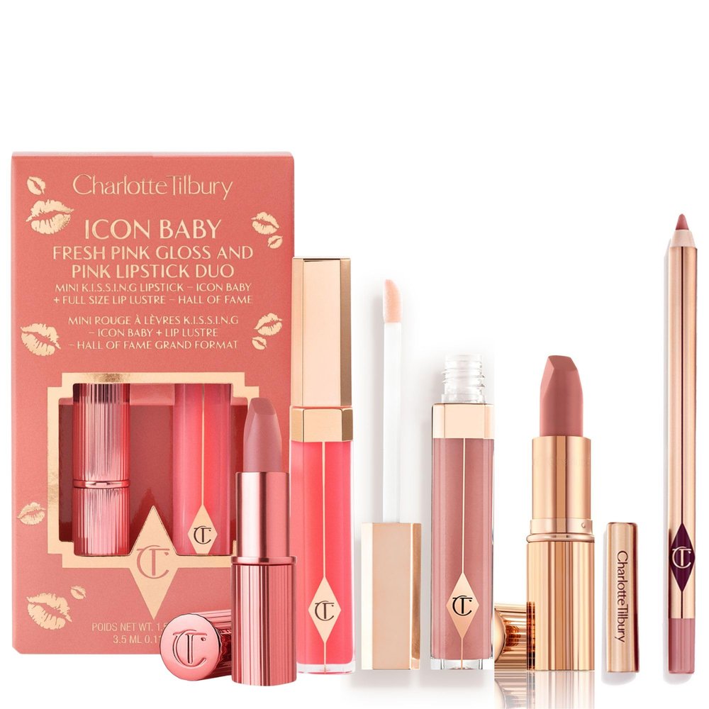 Charlotte Tilbury Holiday Kit - Pillow Talk Matte Revolution Lipstick + Lip Cheat Liner + Lip Lustre Gloss & Icon Baby Duo - Iconic Nude-Pink Shades for a Gorgeous, Glossy Pout, All Season Long