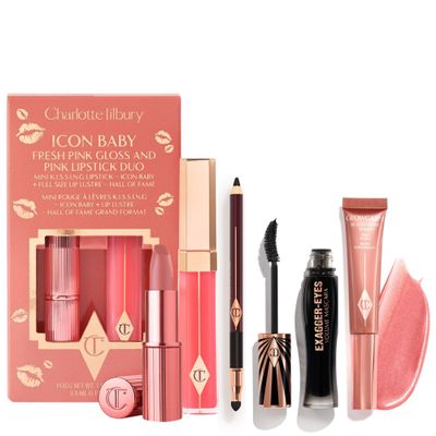 Charlotte Tilbury Holiday Kit - Exagger-Eyes Volume Mascara + Rock 'N' Kohl Black Eyeliner + Pinkgasm Beauty Light Wand + Icon Baby Lip Duo - Volumizing Lash Kit with Highlighter & Pink Lipstick Gloss