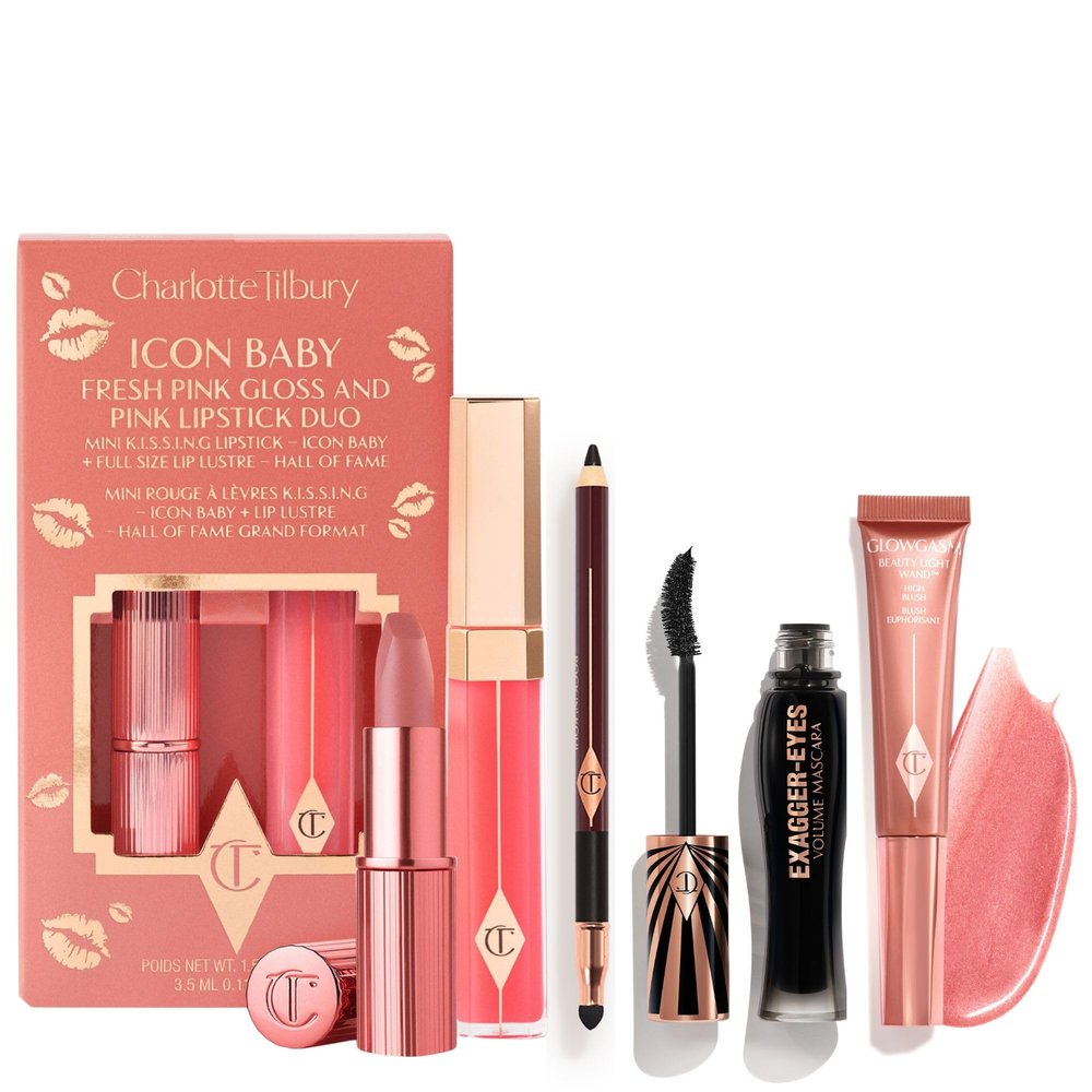 Charlotte Tilbury Holiday Kit - Exagger-Eyes Volume Mascara + Rock 'N' Kohl Black Eyeliner + Pinkgasm Beauty Light Wand + Icon Baby Lip Duo - Volumizing Lash Kit with Highlighter & Pink Lipstick Gloss