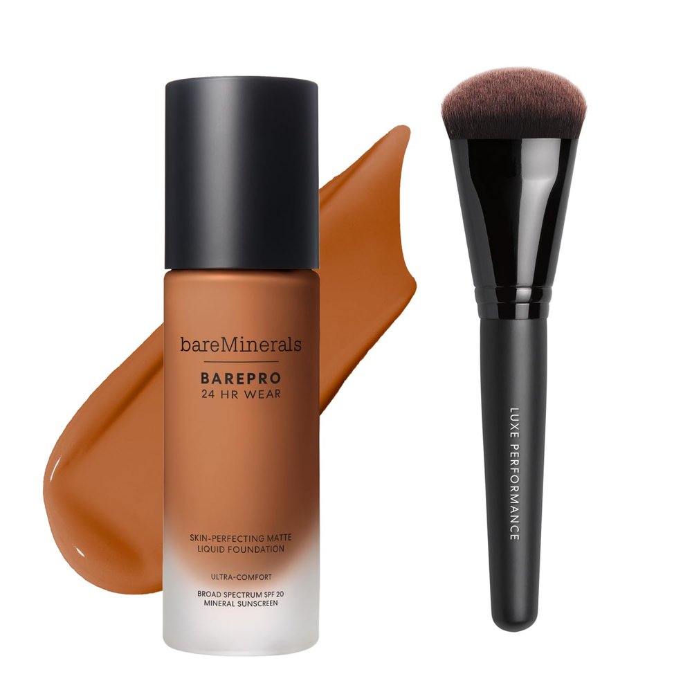 bareMinerals Barepro 24HR Wear Matte Liquid Foundation with Mineral SPF 20 + Luxe Performance Brush Bundle