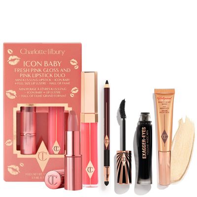 Charlotte Tilbury Holiday Kit - Exagger-Eyes Volume Mascara + Rock 'N' Kohl Black Eyeliner + Spotlight Beauty Light Wand + Icon Baby Lip Duo - Holiday Kit for Eyes, Cheeks & Lips