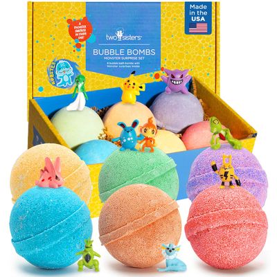 Poke Monster Bath Bombs for Kids with Surprise Inside (6 Pack) - Large Bubble Bath Bomb for Boys & Girls - Fruity Scent, Skin-Safe, USA Made, Birthday & Holiday Gift by Two Sisters