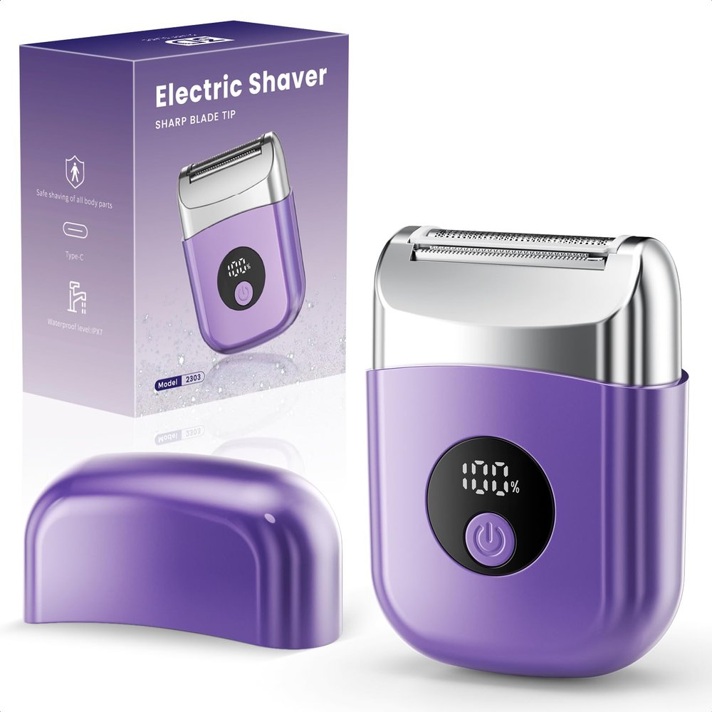 Cordless Electric Razors for Women, Travel Electric Shaver with LED Display, Rechargeable Body Trimmer Shaver for Private Area, Face Underarms Bikini,Lips,arms, Legs (Purple)