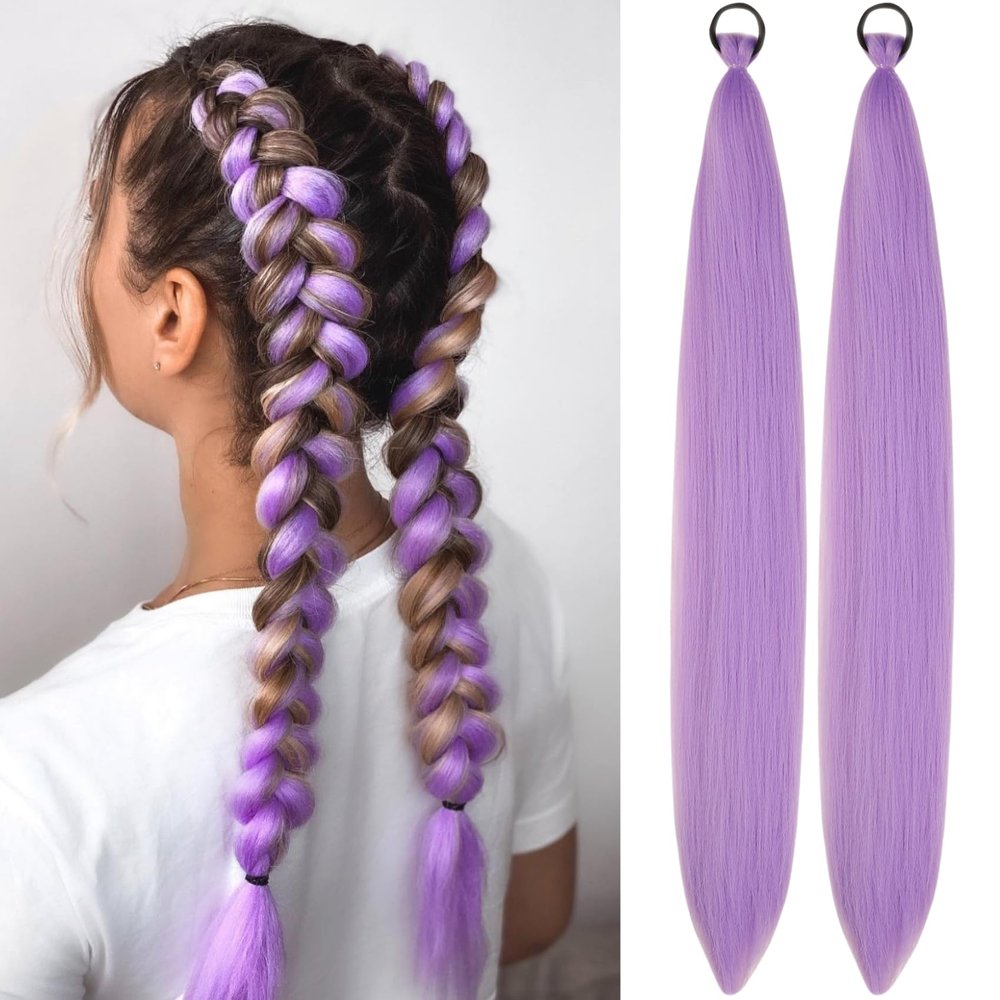 Lavender Purple Ponytail Hair Extension Colored Braids Hair Extensions With Elastic Tie Girls Hair Accessories For Festival Holiday Daily Bubble Rave