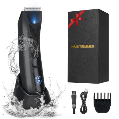 Domary Men's Body Hair Trimmer Rechargeable Hair Shaver Grooming Tool for Men with Large Screen Display IPX7 Waterproof Whole Body Washable with Stand