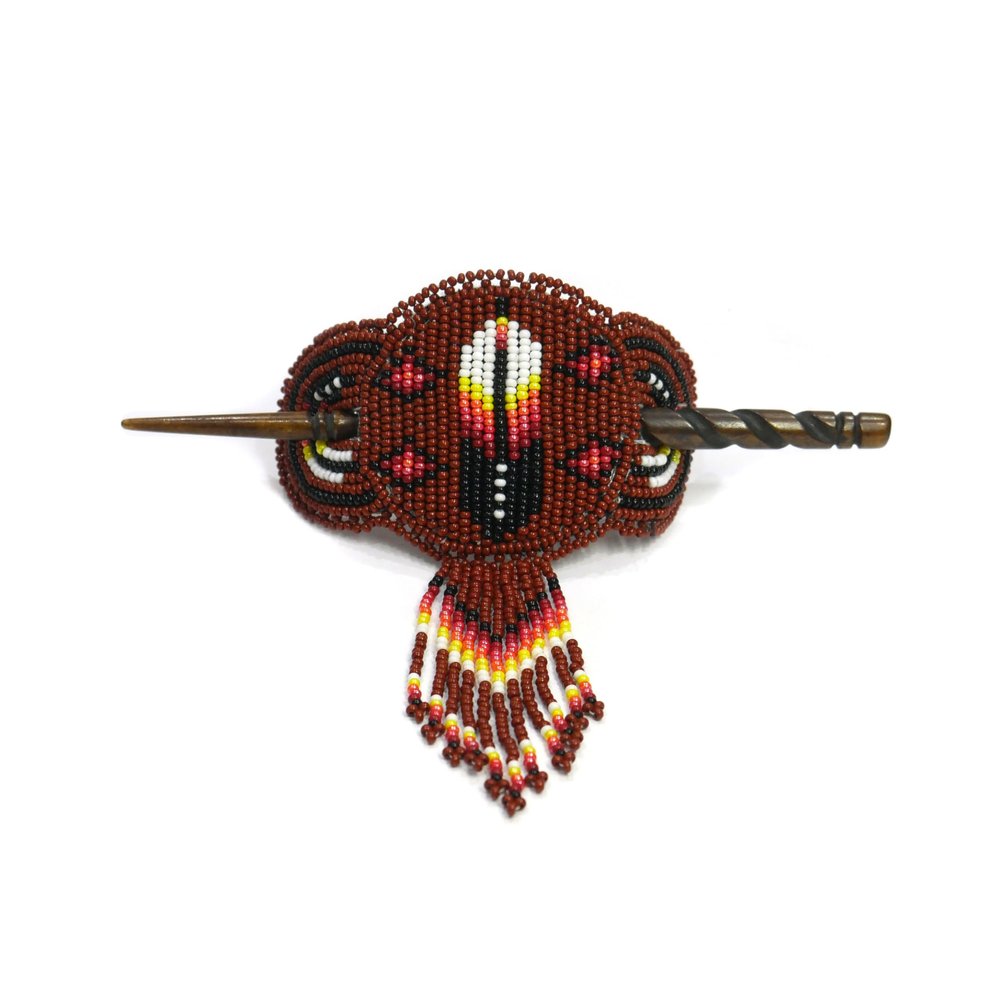 Beaded Hair Clips Native American Style Handmade Collection (Brown Feather)