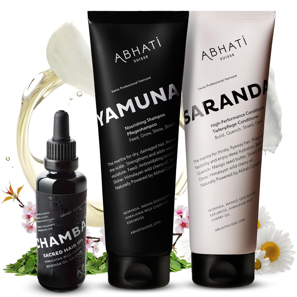 Abhati Suisse Hair Care Set Ayurvedic Shampoo, Conditioner & Hair Oil with Himalayan Wild Cherry, Moringa, Mango Butter & Edelweiss Sulfate-Free, Silicone-Free, Vegan for Shine & Hair Growth