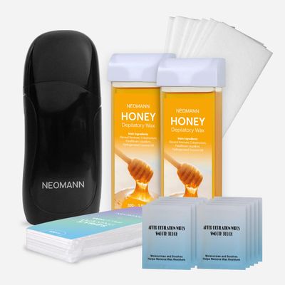 Roll on Wax Kit for Women and Men, Wax Roller Kit for All Skin Types with Wax Heater, Waxing Kit for Hair Removal, 2 Honey Wax Cartridge, 100 Wax Strips&10 Aftercare Wipes