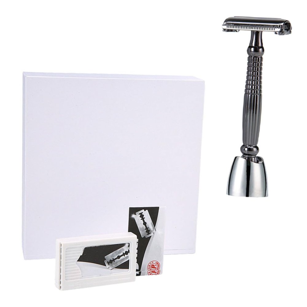 LIFKOME Double-edged Manual Shaver with Long Handle and Safety Razor Stand Alloy Beard Shaving Razor for Men Lightweight Portable Face Shaver for Home Barber Shops and Travel