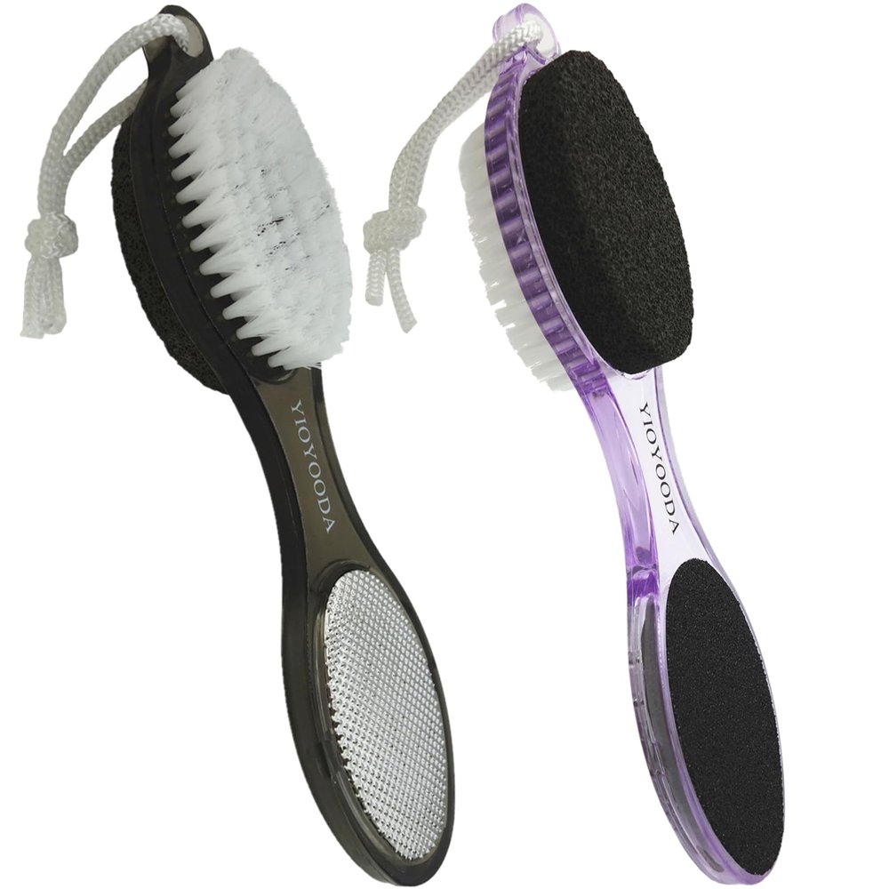 YIOYOODA Foot File Callus Remover 4-in-1, Feet Scraper Pedicure Tools with Pumice Stone, Scrubber Brush, Foot Rasp and Sand Paper, Double Sided Multi Purpose, Clear Black and Purple