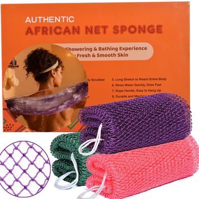 African Net Sponge Authentic, 3 Pieces African Exfoliating Net Sponge Body Back Scrubber Exfoliating Washcloth for Shower Bath for All Types Skin (Purple+Pink+Olive Green, 3 Pcs)