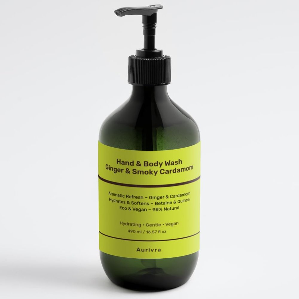 Aurivra Hydrating Ginger & Smoky Cardamom Hand and Body Wash, 98% Natural, Vegan, Gentle Moisturizing Cleanser for All Skin Types, Paraben & Gluten-Free, Eco-Certified