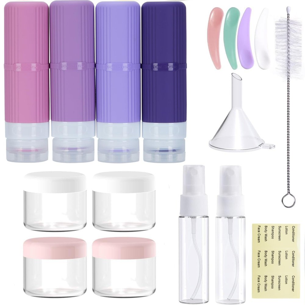18 packs of toiletries travel bottles, TSA Approval silicone travel containers, leak proof refillable shampoo and conditioner are essential for travel, fitness, business trips, office use(purple)