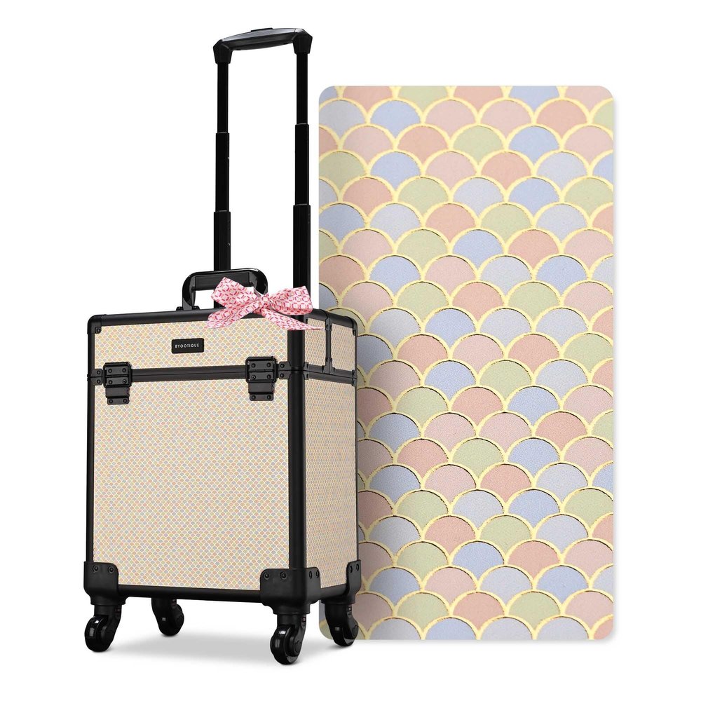BYOOTIQUE Rolling Makeup Train Case on Wheels Cosmetic Trolley Art Deco Pastel