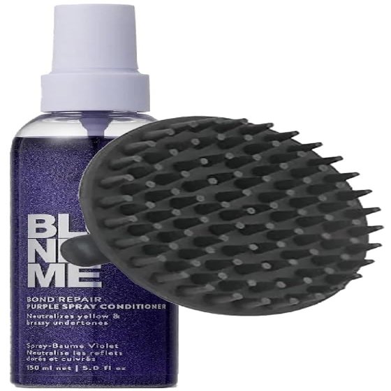 BlondeMe Bond Repair Purple Spray Conditioner 5 oz and Shampoo Scalp Massager Leave-In Toner Spray for Blonde, Silver & Highlighted Hair Neutralizes Brassiness, Strengthens Bonds & Adds Shine