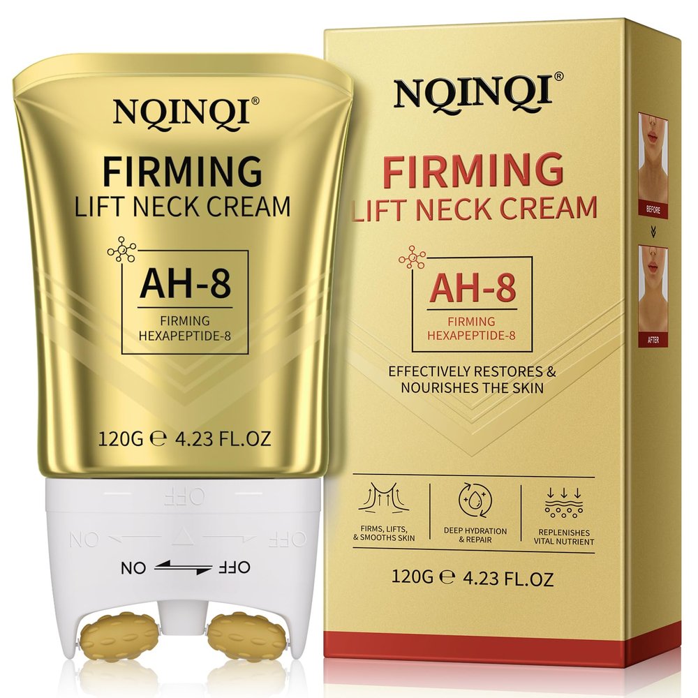 NQINQI AH-8 Firming Neck Cream with Roller - Neck and Chest Firming Cream to Lift, Tighten & Smooth Sagging Skin, Reduce Wrinkles & Hydrate for Youthful Neck, 4.23 Fl Oz