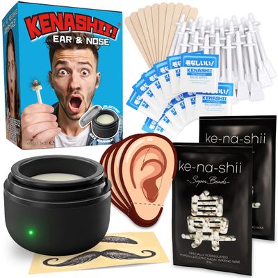 Kenashii Ear & Nose Waxing Kit, Wax Warmer Set, 100g Wax, 24 Professional Applicators, No Microwave Required, Effective Nose and Ear Hair Removal For Men and Women, 12 Balm Wipes, Storage Bag