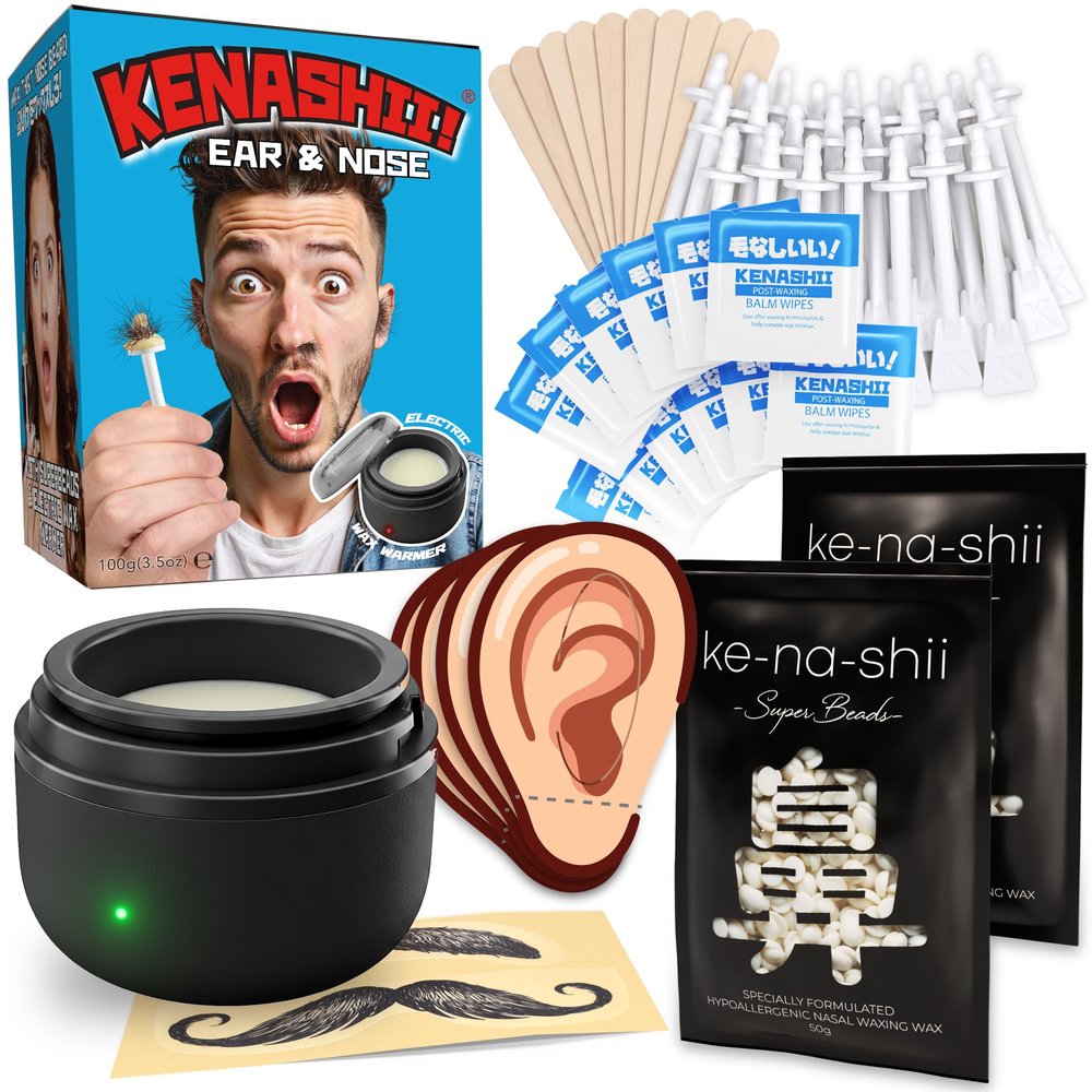 Kenashii Ear & Nose Waxing Kit, Wax Warmer Set, 100g Wax, 24 Professional Applicators, No Microwave Required, Effective Nose and Ear Hair Removal For Men and Women, 12 Balm Wipes, Storage Bag