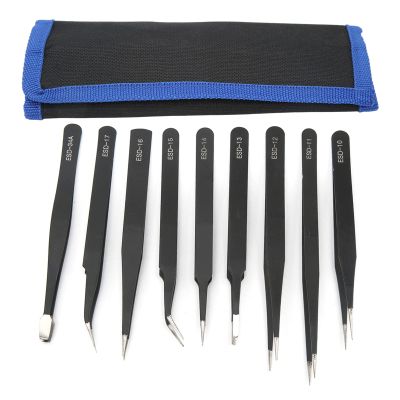 DANAIXZ Professional Precision Tweezer Set 9PCS Stainless Steel Anti Slip Pointed Curved Tips for Electronics Repair Cell Phone Repair Microscope Work